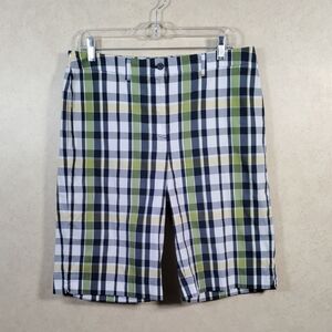 08105 Anne Klein Sport navy, green and yellow cotton plaid shorts 12